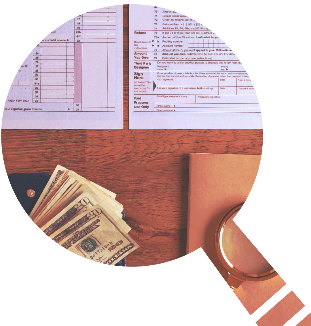 Documents and cash viewed through magnifying glass