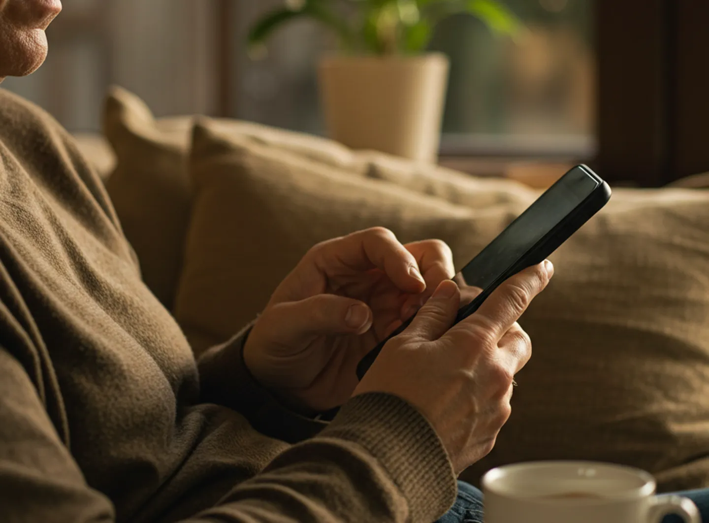 User holding a phone on couch
